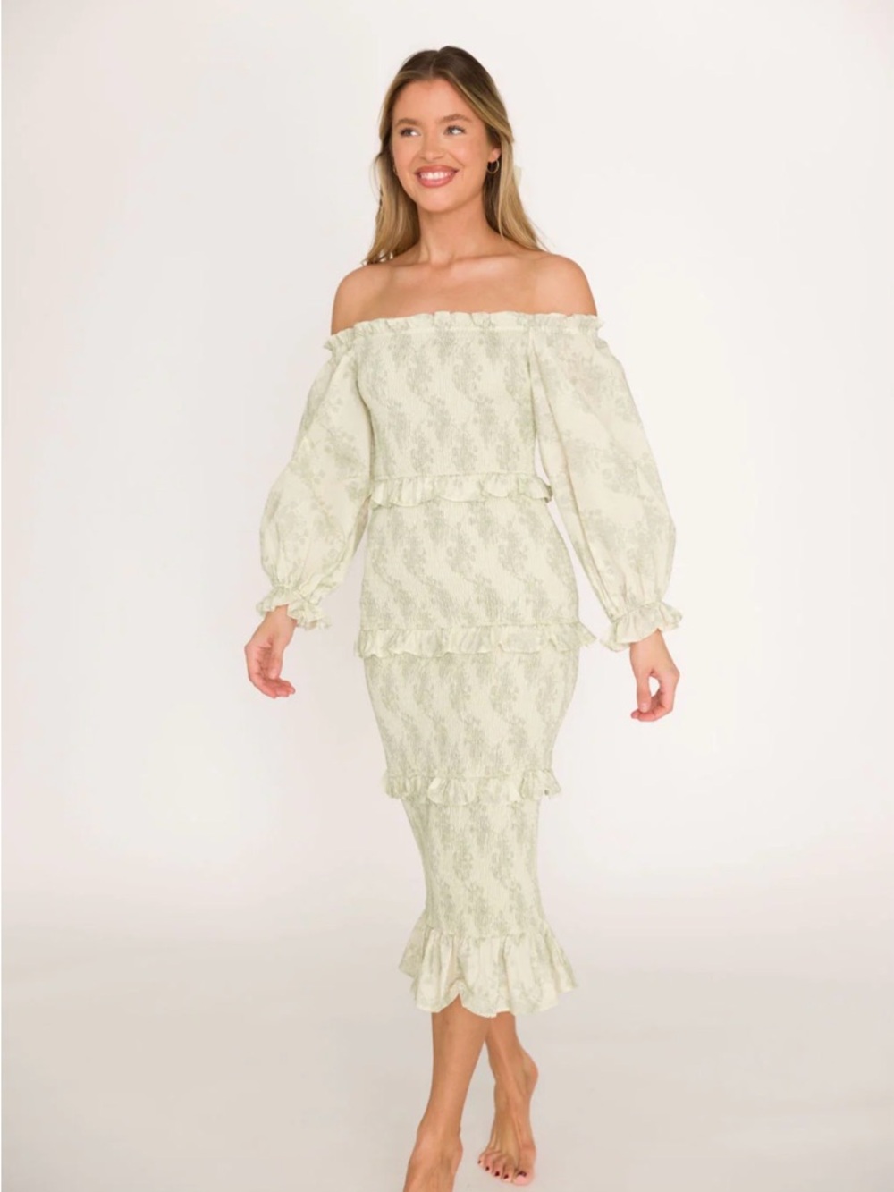 Off-Shoulder Sage Midi Dress